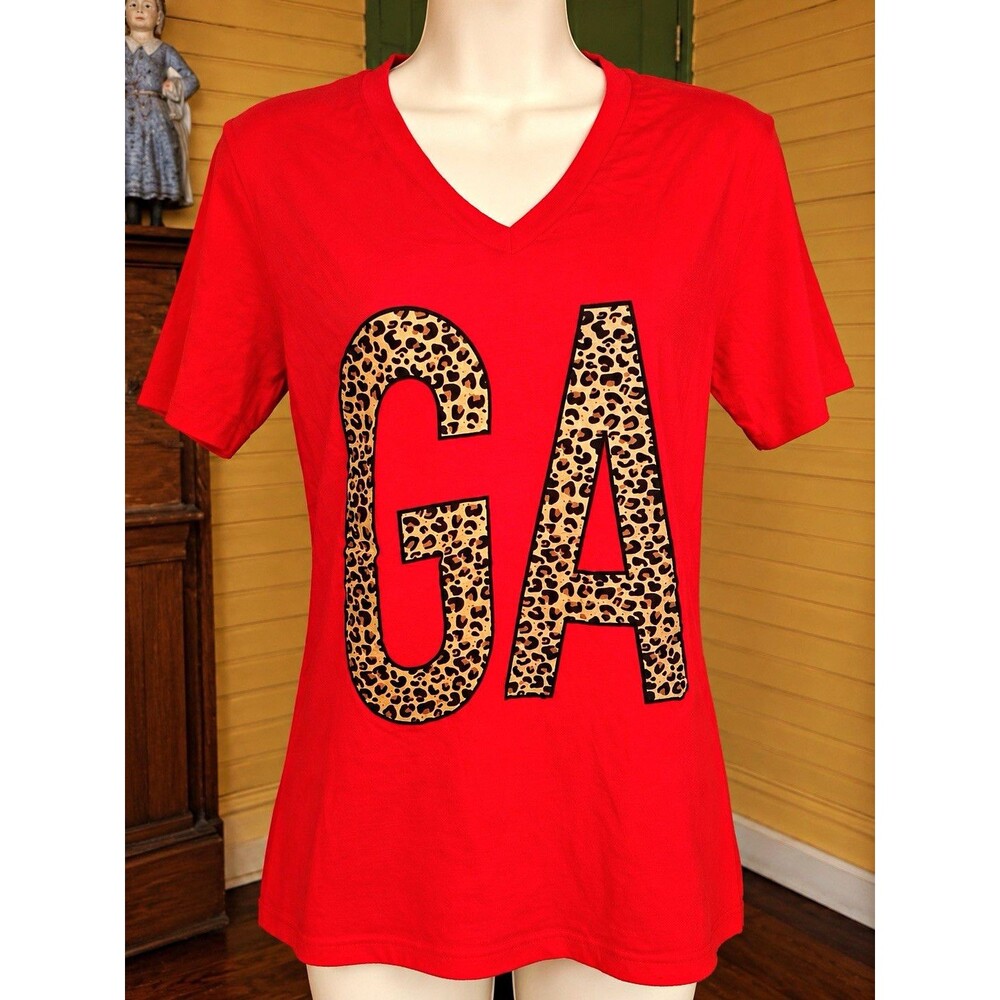 Women’s Red Georgia GA Leopard Print V-Neck T-Shirt Short Sleeve
